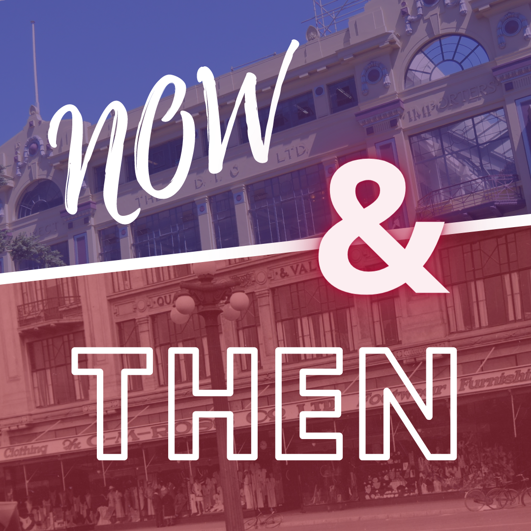 Image depicts 'Now and then' feature with old and new depictions of the CM Ross building in Palmerston North.